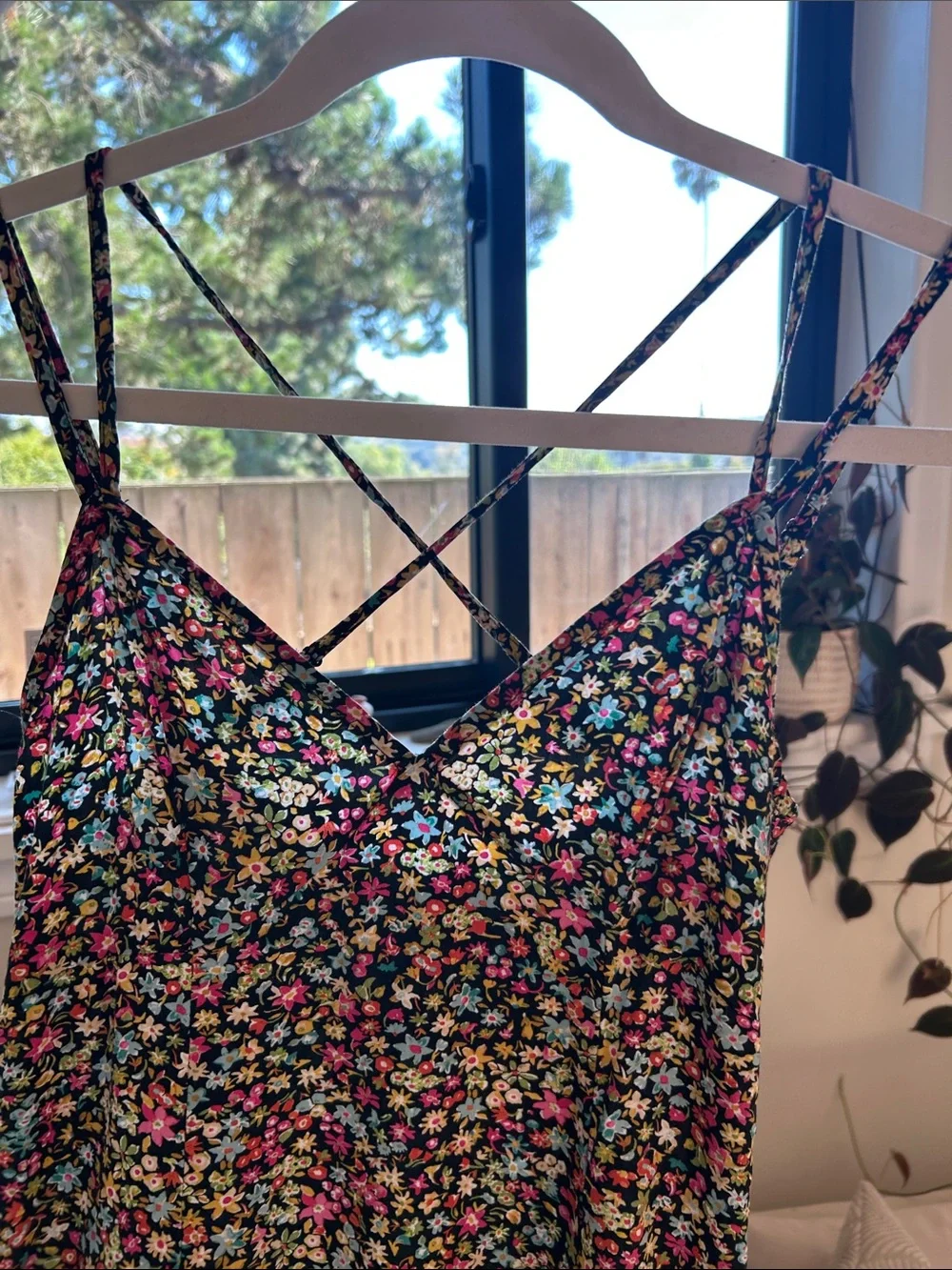 Zara Black Floral Maxi Slip Dress with Pink & Green & Blue Accents size medium - Picture 6 of 9